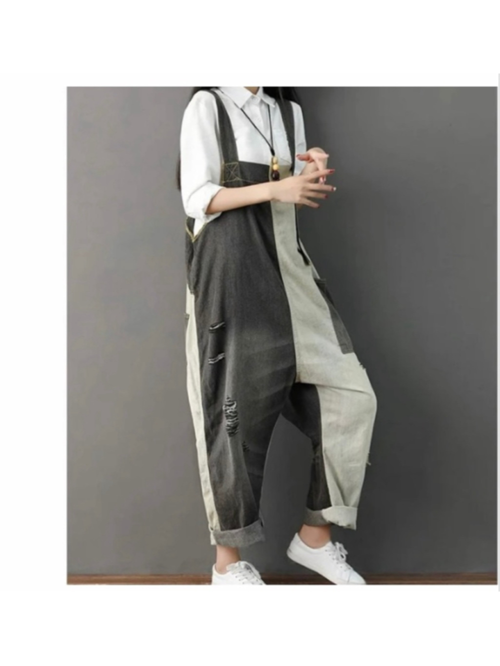 Monthorigin Boho Baggy oversized 
Distressed Color-block denim Overalls